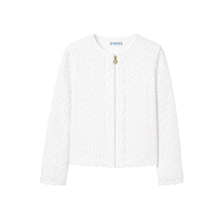 Mayoral - Big Girls Zipper Long Sleeve Embroidered White Top