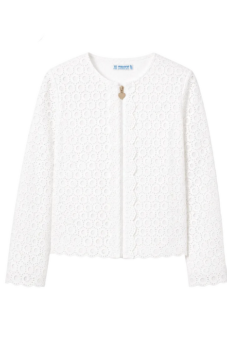 Mayoral - Big Girls Zipper Long Sleeve Embroidered White Top
