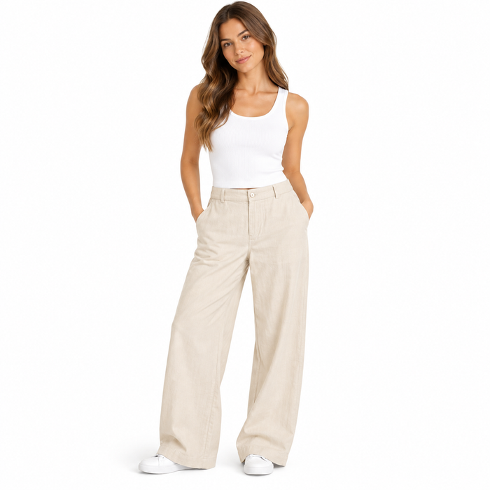 V by Very Beige Linen-Blend Wide-Leg Trousers
