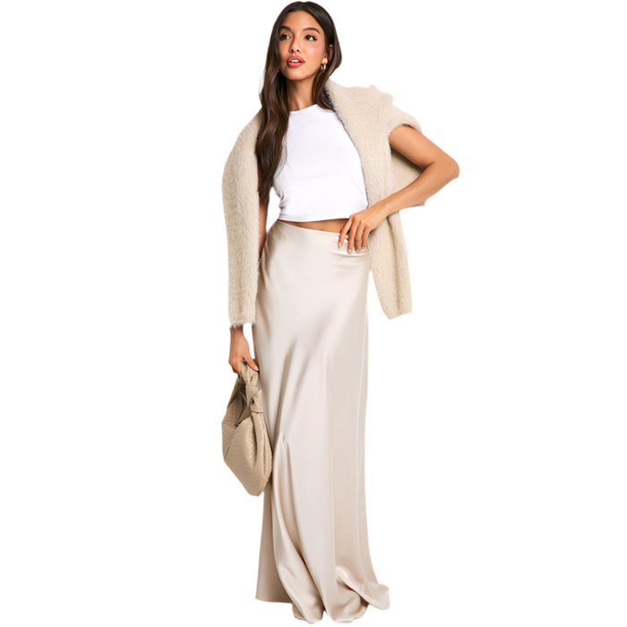 Bohoo - Satin Slip Maxi Skirt Almond