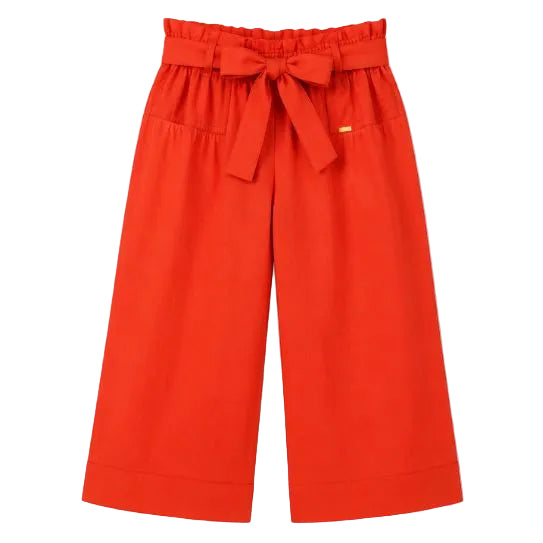 Mayoral - Little Girls Loose Linen Pants with Ribbon Belt Red Orange