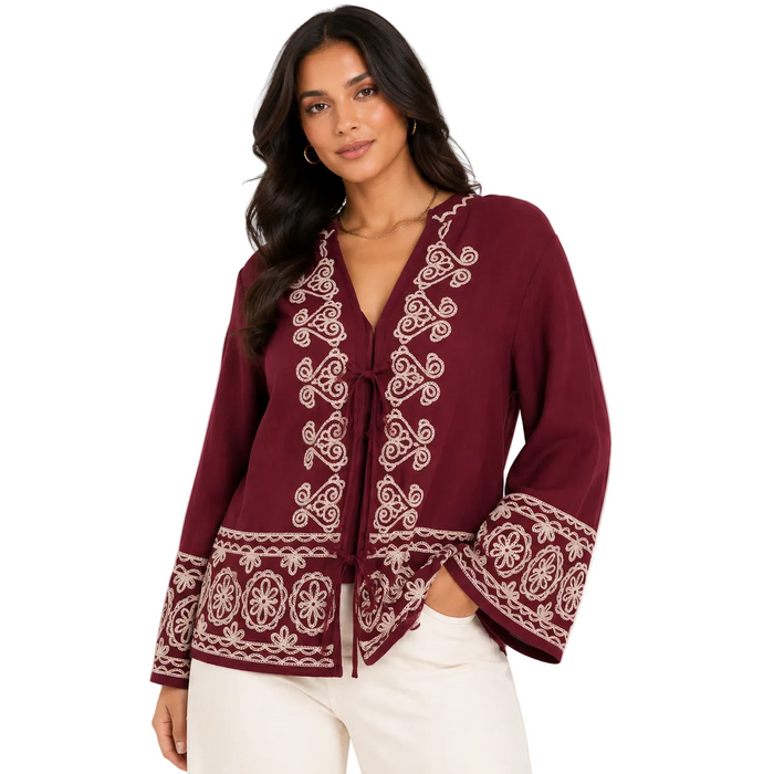 V by Very - Curve Maroon Red Linen Embroidered Tie Blouse (24)