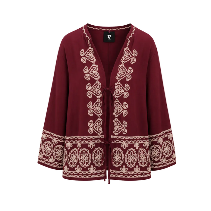 V by Very - Curve Maroon Red Linen Embroidered Tie Blouse (24)