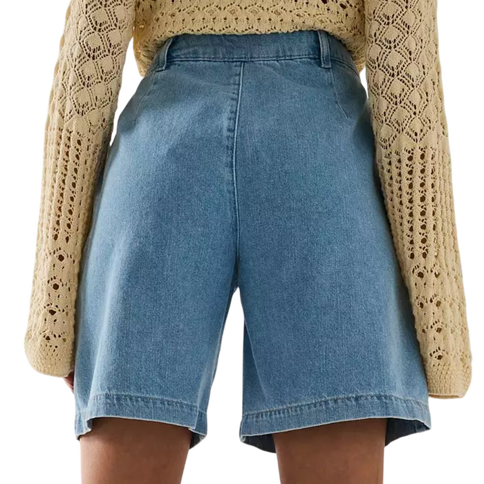 V by Very Soft Denim Pleat Shorts - Mid Wash