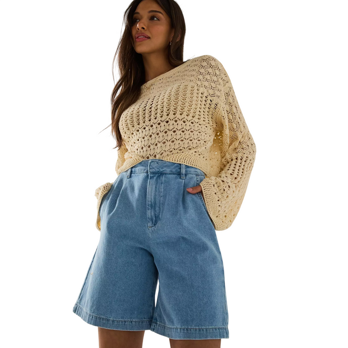 V by Very Soft Denim Pleat Shorts - Mid Wash