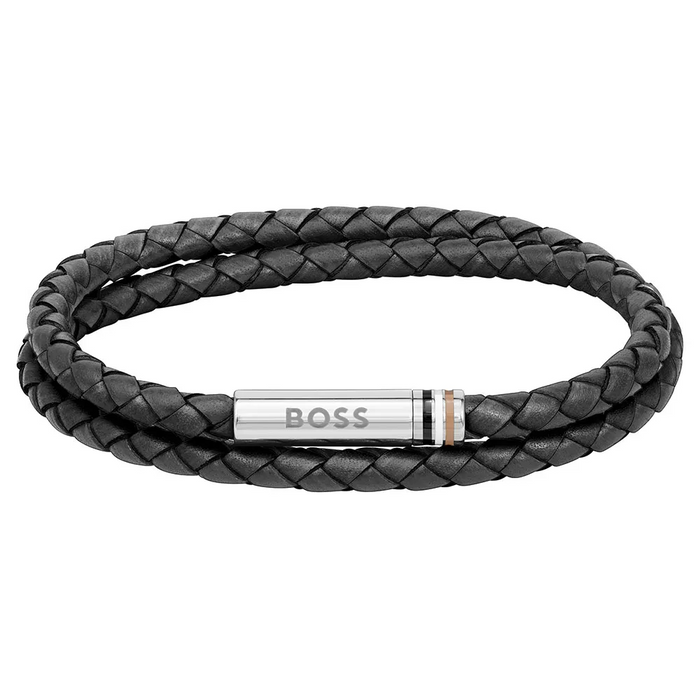 Boss Men's Stainless Steel Black Leather Bracelet - 1580489S