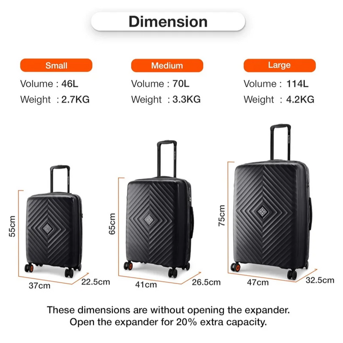 Nasher Miles Antwerp TSA Lock & Expander Hard-Sided Polypropylene Set of 3 Black Small, Medium & Large Trolley Bags (55, 65 & 75 Cm)