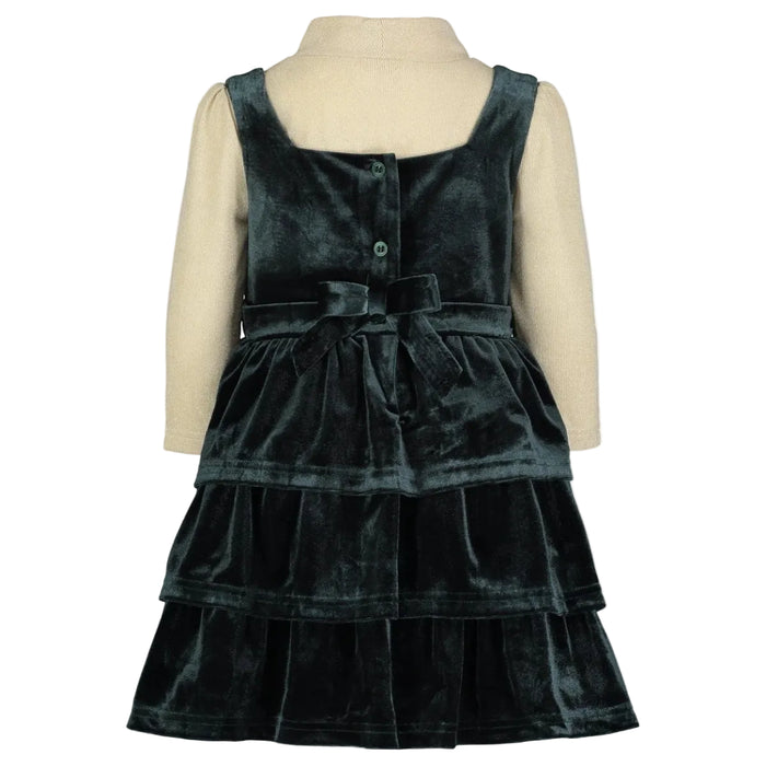 Blueberi Boulevard Little Girls Green Velvet Tiered Jumper and Mock Neck Top Set