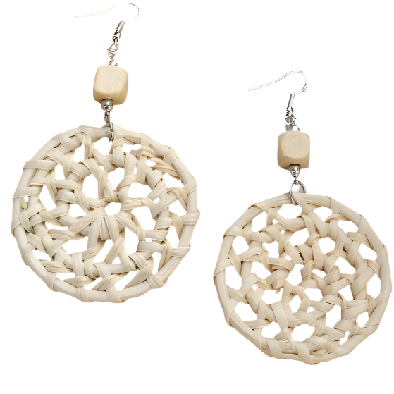 GOOD VIBES - Boho Geometric Round Wooden Rattan Knitted Drop Earrings