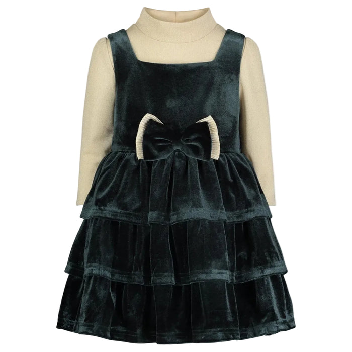 Blueberi Boulevard Little Girls Green Velvet Tiered Jumper and Mock Neck Top Set