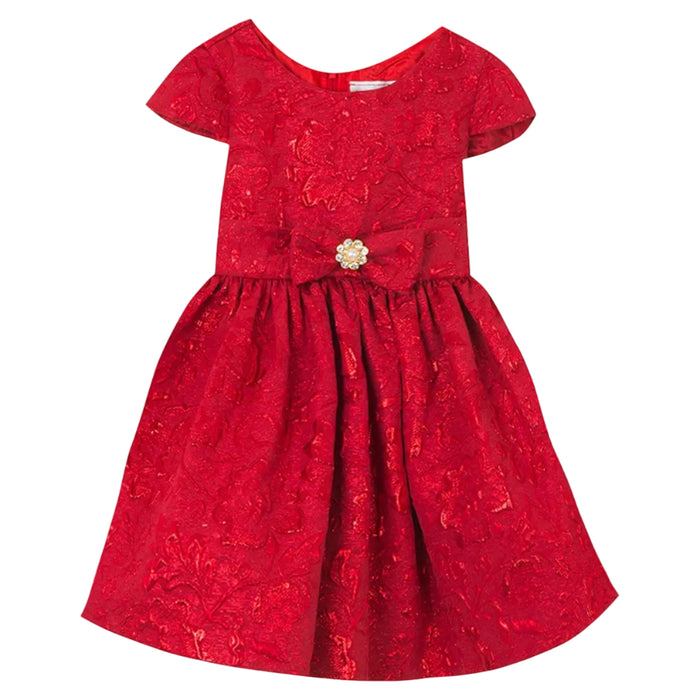 Rare Editions - Red Brocade Party Dress with a Jeweled Bow Accent