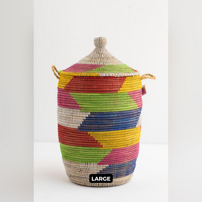 Laundry Seagrass Basket with Lid - Herringbone Colors