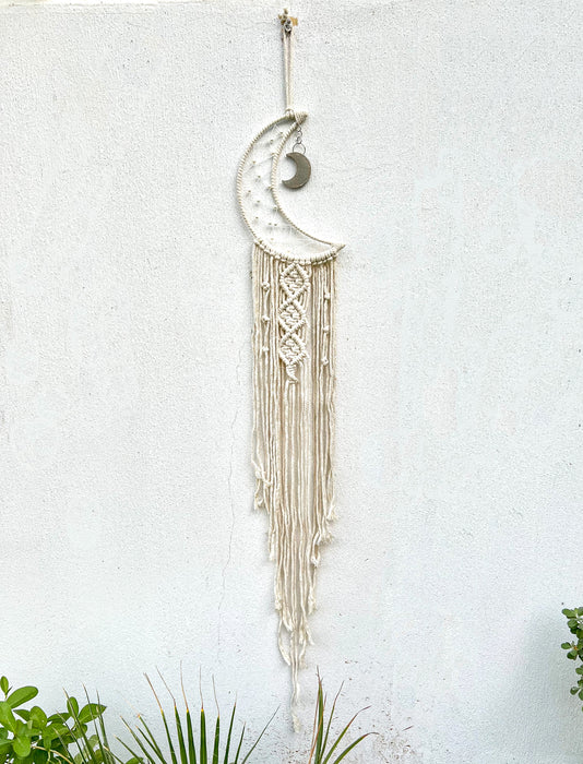 Moon Macrame Wall HangingHandmade macrame wall made with 100% cotton with a detachable metal moon and beads. Moon Macrame Wall Hanging